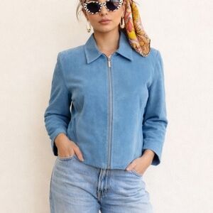 Vtg Suede Blue Blazer Leather Turquoise Blue Zip Front Boxy Jacket  Sz 8